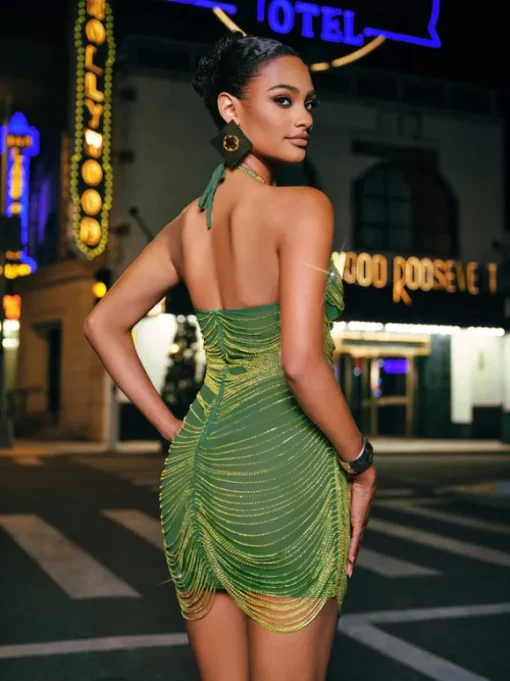 Cinzia Halterneck Diamond Chain Mesh Mini Dress In Green