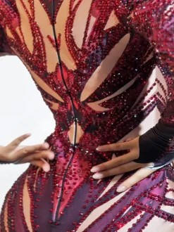 Cleeve Long Sleeve Rhinestone Printed Bodysuit
