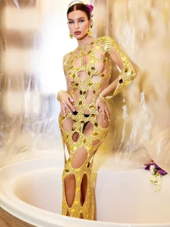 Cocona Square Hollow Embellished Dress In Gold