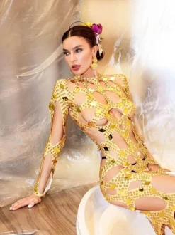 Cocona Square Hollow Embellished Dress In Gold