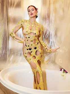 Cocona Square Hollow Embellished Dress In Gold