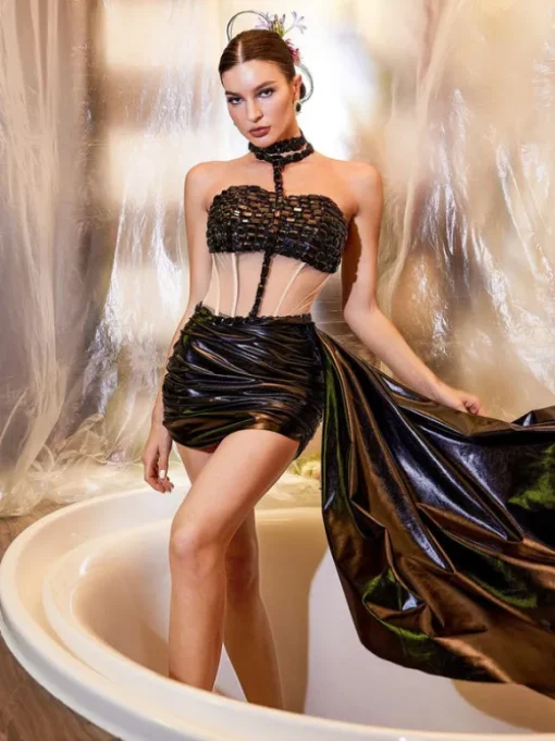 Cohen Rhinestone Draped Metallic Skirt Set In Black