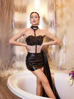 Cohen Rhinestone Draped Metallic Skirt Set In Black