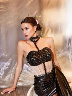Cohen Rhinestone Draped Metallic Skirt Set In Black