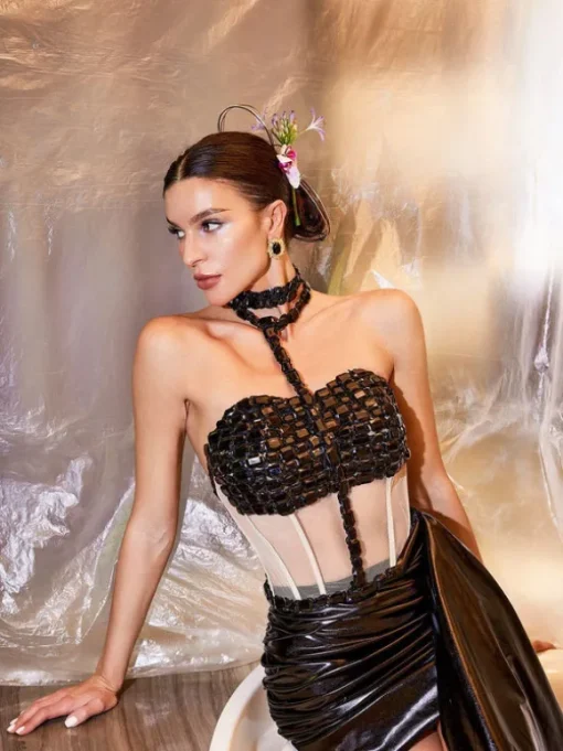 Cohen Rhinestone Draped Metallic Skirt Set In Black
