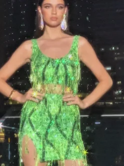 Colette Crystal Chain Fringe Split Skirt Set In Green