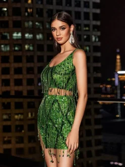 Colette Crystal Chain Fringe Split Skirt Set In Green
