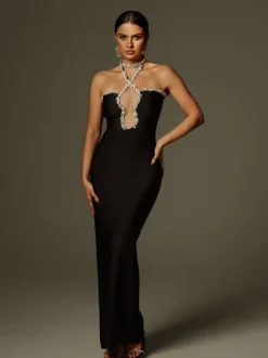 Cornie Halterneck Rhinestone Bandage Maxi Dress