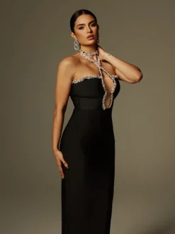 Cornie Halterneck Rhinestone Bandage Maxi Dress