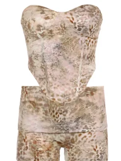 Corvilde Strapless Leopard Shorts Set In Khaki