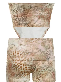 Corvilde Strapless Leopard Shorts Set In Khaki