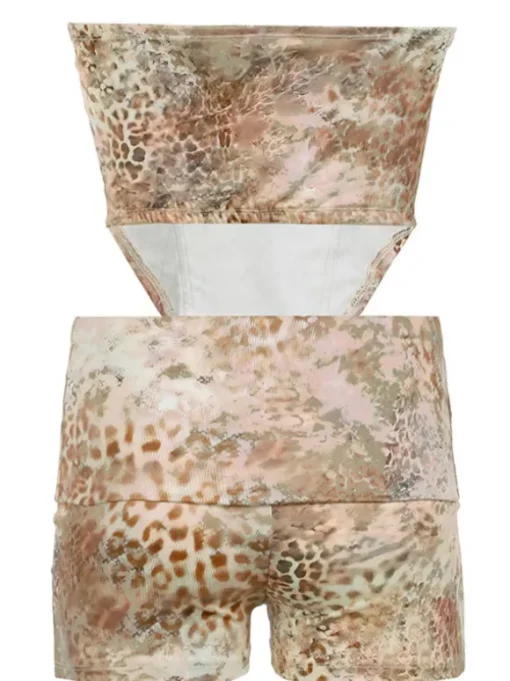 Corvilde Strapless Leopard Shorts Set In Khaki