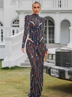 Corvina Fringe Embellished Mesh Maxi Dress