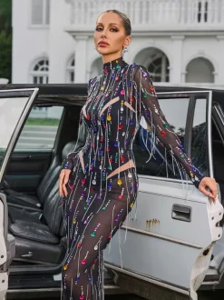 Corvina Fringe Embellished Mesh Maxi Dress