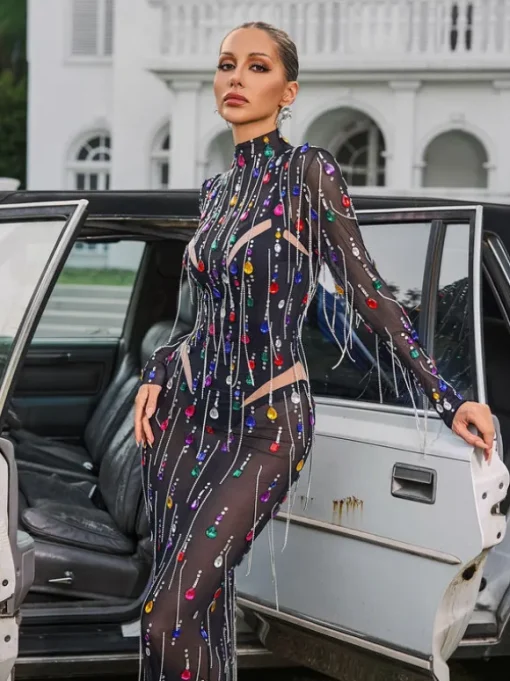 Corvina Fringe Embellished Mesh Maxi Dress