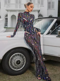 Corvina Fringe Embellished Mesh Maxi Dress