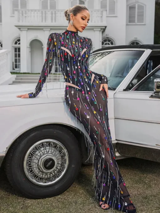 Corvina Fringe Embellished Mesh Maxi Dress