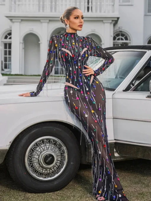 Corvina Fringe Embellished Mesh Maxi Dress