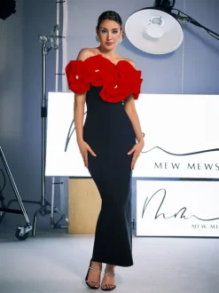 Creed Off Shoulder Flower Bandage Dress In Red