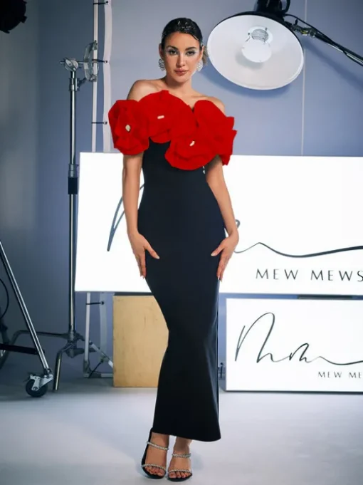 Creed Off Shoulder Flower Bandage Dress In Red