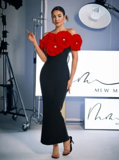 Creed Off Shoulder Flower Bandage Dress In Red