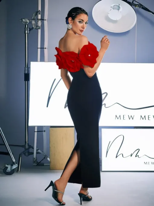 Creed Off Shoulder Flower Bandage Dress In Red