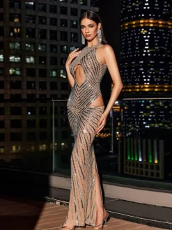 Cruz Rhinestone Cutout Mermaid Maxi Dress