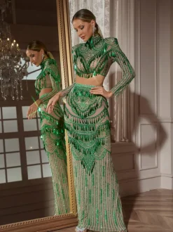 Cythina Long Sleeve Sequin Skirt Set