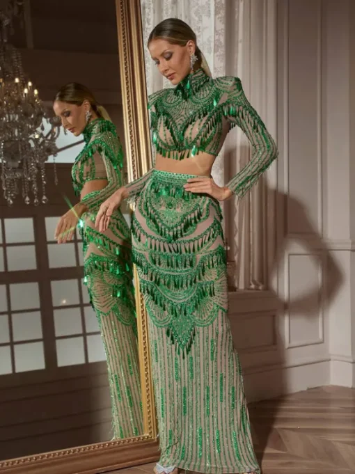 Cythina Long Sleeve Sequin Skirt Set