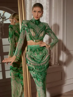 Cythina Long Sleeve Sequin Skirt Set