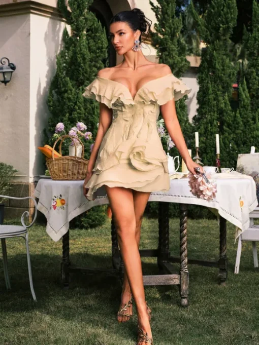 Dabney V Neck Ruffle Mini Dress In Champagne