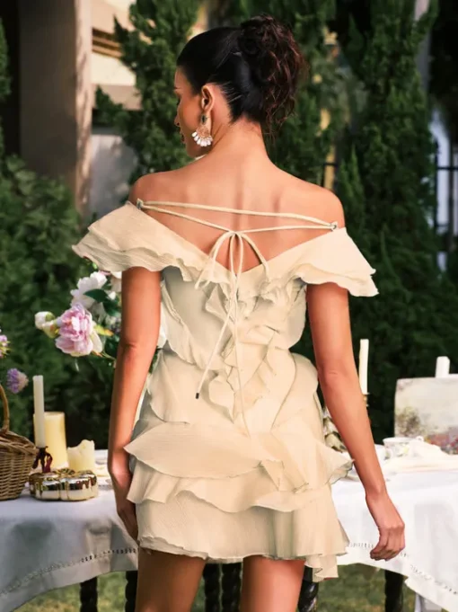 Dabney V Neck Ruffle Mini Dress In Champagne