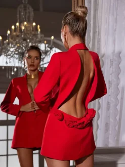 Dacre Back Cutout Flower Blazer In Red