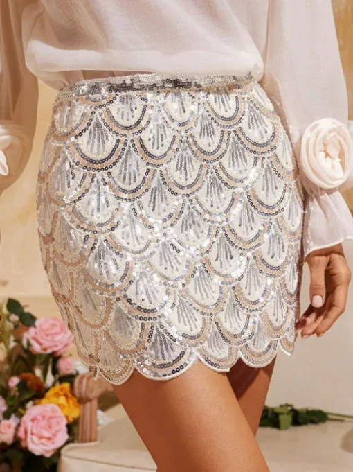 Daelorin Wave Sequin Skirt In Apricot