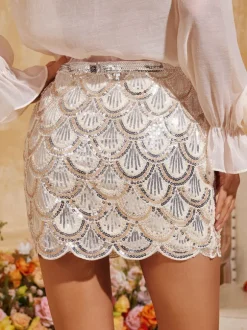 Daelorin Wave Sequin Skirt In Apricot