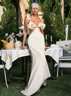 Dagr Backless Flower Cutout Satin Maxi Dress