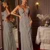 Daiki Halterneck Ruched Maxi Dress In Khaki