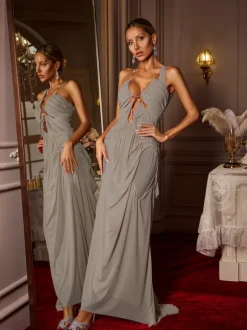 Daiki Halterneck Ruched Maxi Dress In Khaki