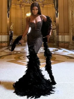 Daire Rhinestone Feather Mermaid Mesh Dress