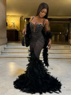 Daire Rhinestone Feather Mermaid Mesh Dress