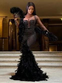 Daire Rhinestone Feather Mermaid Mesh Dress