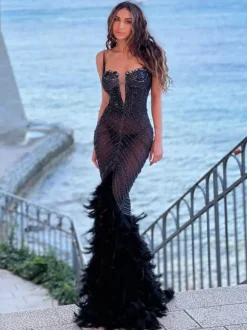 Daire Rhinestone Feather Mermaid Mesh Dress