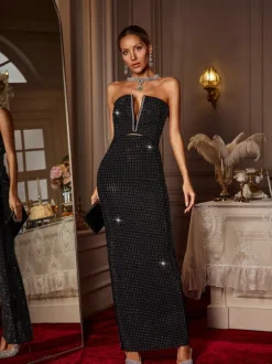 Daisuke Strapless Crystal Bandage Maxi Dress