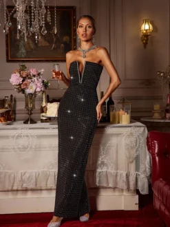 Daisuke Strapless Crystal Bandage Maxi Dress
