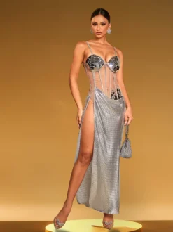 Damla Spaghetti Acrylic Chainmail Split Dress