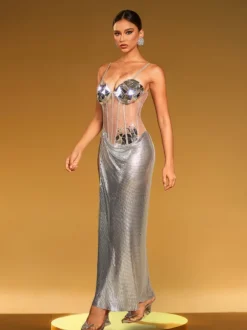 Damla Spaghetti Acrylic Chainmail Split Dress