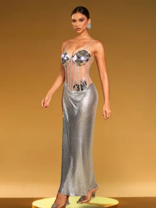 Damla Spaghetti Acrylic Chainmail Split Dress