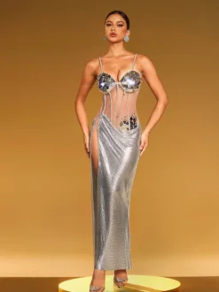 Damla Spaghetti Acrylic Chainmail Split Dress