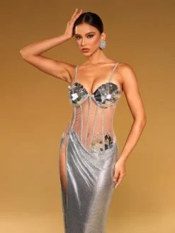 Damla Spaghetti Acrylic Chainmail Split Dress
