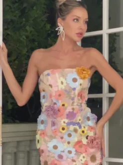 Danielle Strapless Flower Embroidered Mini Dress In Pink